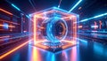 Mechanical AI Core Rotating Inside Transparent Cube. AI themed Background. Generated Image Royalty Free Stock Photo