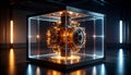 Mechanical AI Core Rotating Inside Transparent Cube. AI themed Background. Generated Image Royalty Free Stock Photo