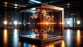 Mechanical AI Core Rotating Inside Transparent Cube. AI themed Background. Generated Image Royalty Free Stock Photo