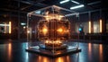 Mechanical AI Core Rotating Inside Transparent Cube. AI themed Background. Generated Image Royalty Free Stock Photo