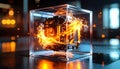 Mechanical AI Core Rotating Inside Transparent Cube. AI themed Background. Generated Image Royalty Free Stock Photo