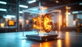 Mechanical AI Core Rotating Inside Transparent Cube. AI themed Background. Generated Image Royalty Free Stock Photo