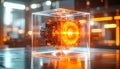 Mechanical AI Core Rotating Inside Transparent Cube. AI themed Background. Generated Image Royalty Free Stock Photo