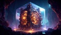 Mechanical AI Core Rotating Inside Transparent Cube. AI themed Background. Generated Image Royalty Free Stock Photo