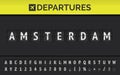 Mechanical airport flip board font with departure to Europe Amsterdam with aircraft icon. Vector