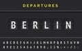 Mechanical airport flip board font with flight destination in Europe Berlin with aircraft departure sign. Vector