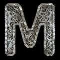 Mechanical alphabet made from rivet metal with gears on black background. Letter M. 3D