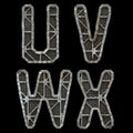 Mechanical alphabet made from rivet metal with gears on black background. Set of letters U, V, W, X. 3D