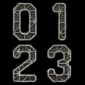 Mechanical alphabet made from rivet metal with gears on black background. Set of numbers 0, 1, 2, 3. 3D