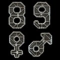 Mechanical alphabet made from rivet metal with gears on black background. Set of numbers 8, 9 and symbols female, male