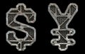 Mechanical alphabet made from rivet metal with gears on black background. Set of symbols dollar and yen. 3D