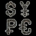 Mechanical alphabet made from rivet metal with gears on black background. Set of symbols dollar, yen, rouble and euro Royalty Free Stock Photo