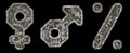 Mechanical alphabet made from rivet metal with gears on black background. Set of symbols female, male, percent. 3D