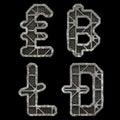 Mechanical alphabet made from rivet metal with gears on black background. Set of symbols lira, baht, litecoin, dashcoin