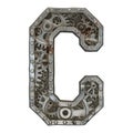 Mechanical alphabet made from rivet metal with gears on white background. Letter C. 3D