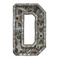 Mechanical alphabet made from rivet metal with gears on white background. Letter D. 3D