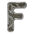 Mechanical alphabet made from rivet metal with gears on white background. Letter F. 3D