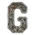 Mechanical alphabet made from rivet metal with gears on white background. Letter G. 3D