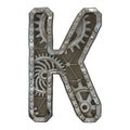 Mechanical alphabet made from rivet metal with gears on white background. Letter K. 3D