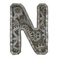 Mechanical alphabet made from rivet metal with gears on white background. Letter N. 3D