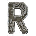 Mechanical alphabet made from rivet metal with gears on white background. Letter R. 3D