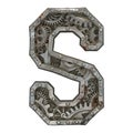 Mechanical alphabet made from rivet metal with gears on white background. Letter S. 3D