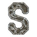 Mechanical alphabet made from rivet metal with gears on white background. Letter S. 3D