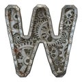 Mechanical alphabet made from rivet metal with gears on white background. Letter W. 3D