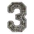 Mechanical alphabet made from rivet metal with gears on white background. Number 3. 3D