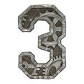 Mechanical alphabet made from rivet metal with gears on white background. Number 3. 3D