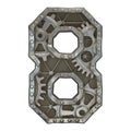 Mechanical alphabet made from rivet metal with gears on white background. Number 8. 3D