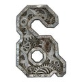 Mechanical alphabet made from rivet metal with gears on white background. Symbol ampersand. 3D