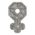 Mechanical alphabet made from rivet metal with gears on white background. Symbol Female. 3D