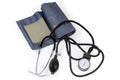 Mechanical aneroid sphygmomanometer with stethoscope on a white background