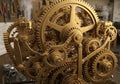 Mechanical assembly featuring numerous interlocking brass gears of Royalty Free Stock Photo