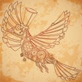 Mechanical bird in steampunk style on aged paper background. Royalty Free Stock Photo