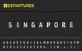 Mechanical board with flight departure to Singapore. Vector flip airport board font