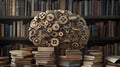 Mechanical brain made of gears with stacks of books in a library