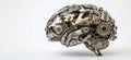 Mechanical brain sculpture, intricate design, metallic gears, cogs, and components, showcasing creativity and