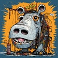 Mechanical Bull: A Graffitied Hippo Wire Sculpture In Futuristic Art Style