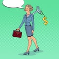 Mechanical Business Woman with Dollar Sign Key on her Back. Work Automation. Pop Art illustration Royalty Free Stock Photo