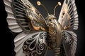 Mechanical butterfly with silver and gold details in rococo style - Generative AI.