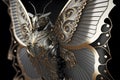 Mechanical butterfly with silver and gold details in rococo style - Generative AI.