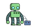 Mechanical cartoon robot charging battery. Cartoon vector illustration. Flat style. Isolated on white background.