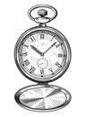 Mechanical classic pocket watch. Antique clock in old engraving style. Hand-drawn vintage sketch illustration Royalty Free Stock Photo