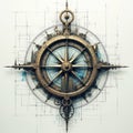 Mechanical compass with architectural elements, gears on white background. Digital illustration of futuristic navigation tool Royalty Free Stock Photo