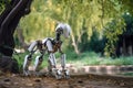 A mechanical dog robot. Futuristic innovation. The notion of synthetic intelligence. Generative AI