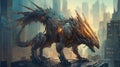 Mechanical dragon in a futuristic city. Fantasy concept , Illustration painting