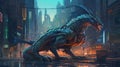 Mechanical dragon in a futuristic city. Fantasy concept , Illustration painting