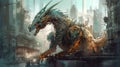 Mechanical dragon in a futuristic city. Fantasy concept , Illustration painting